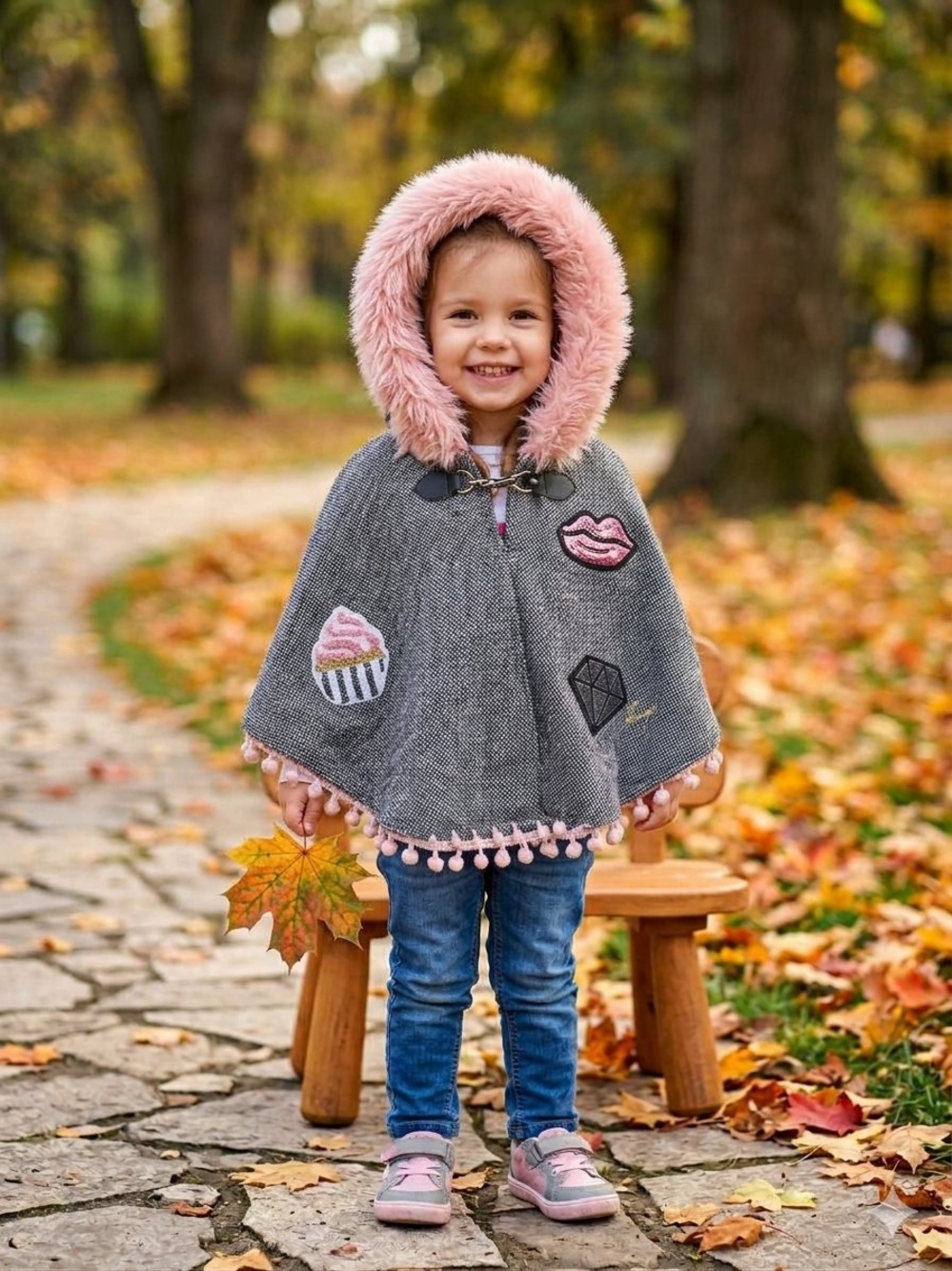 Betsey Johnson 2T Grey Tweed Sequin Patch Cape Poncho Jacket Pink Pompom Trim
